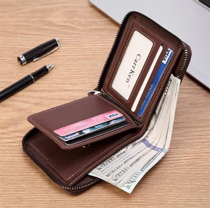 Men’s Slim Leather Wallet with Zip Closure – Premium Compact Everyday Wallet (Black / Brown / Grey)