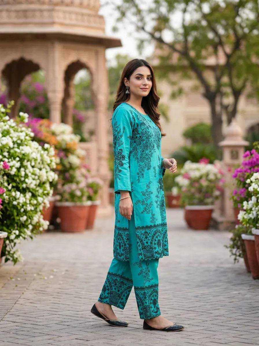 Linen Printed 2Pcs Shirt Trouser Set Multicolor
