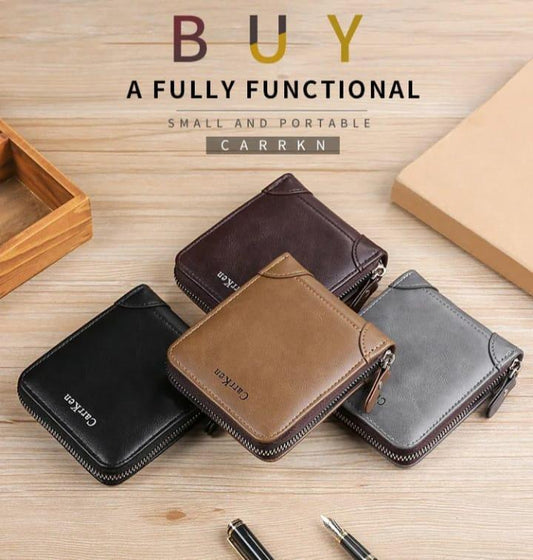 Men’s Slim Leather Wallet with Zip Closure – Premium Compact Everyday Wallet (Black / Brown / Grey)