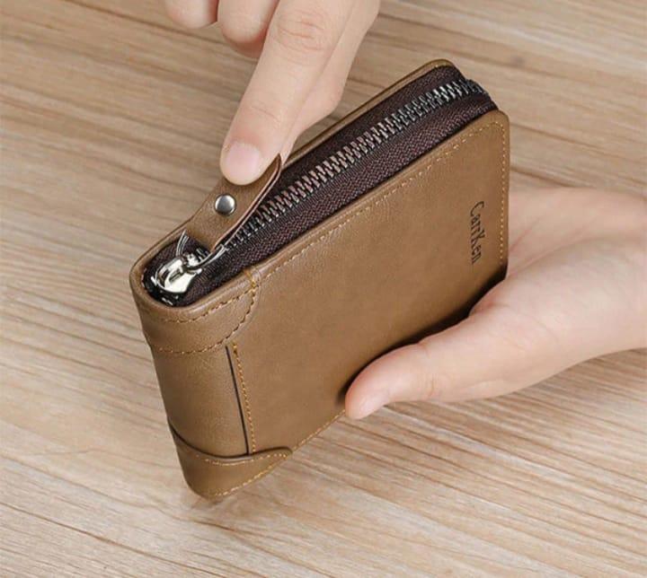 Men’s Genuine Leather Wallet – Compact Zipper Design (Brown)