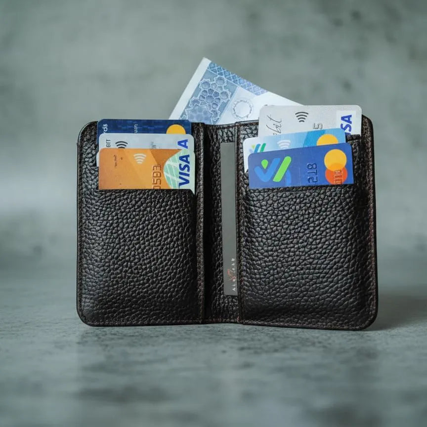 Men's Black Leather Bi-Fold Wallet with Card Slots