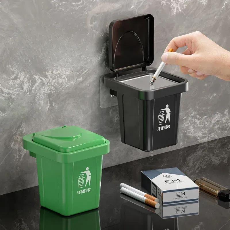 Wall Mounted Ashtray with Lid – Dustproof Mini Trash Bin (Stainless Steel Style Design)