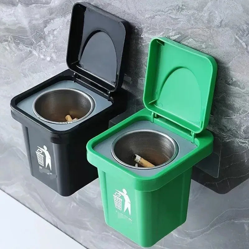 Wall Mounted Ashtray with Lid – Dustproof Mini Trash Bin (Stainless Steel Style Design)