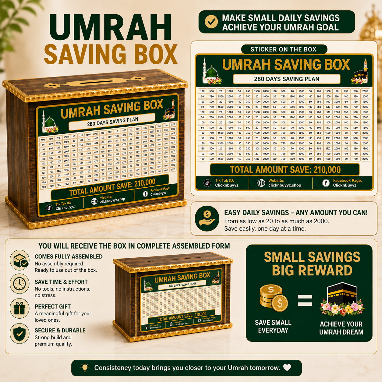 Umrah Saving Box By ClicknBuyyz - 280 Days Savings Plan -Gift for Muslims Money Saving Box